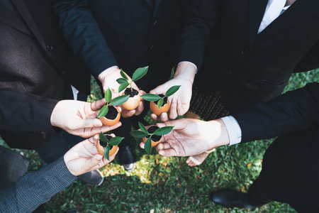 Group of business people holding repuposed eggshell transformed into fertilizer pot, symbolizing commitment to nurture and grow sprout or baby plant as part of a corporate reforestation project. Gyreの写真素材