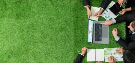 Panorama top view of business people planning business marketing with environmental responsibility for greener ecology. Productive teamwork contribute nature preservation and sustainable future.Quaintの写真素材