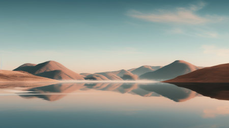 Desert mountain and oasis lake with morning sunrise light and misty environment, panoramic mountainous landscape and clear sky background. Picturesque generative AIの素材