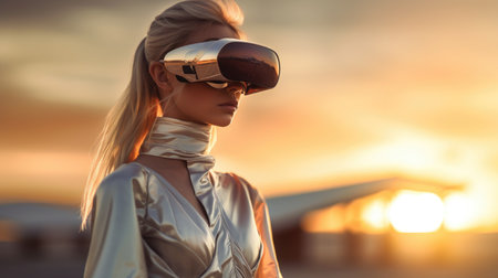 Modeling woman wearing virtual reality with haute couture dress style and shooting fashion in sunset. Generative AI AIG27.の素材