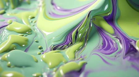 The close up of a glossy liquid surface abstract in lavender, mint green, and olive green colors with a soft focus. 3D illustration of exuberant.の写真素材