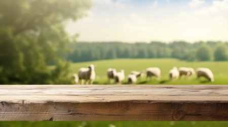 The empty wooden brown table top with blur background of sheep pasture. Exuberant image.の写真素材