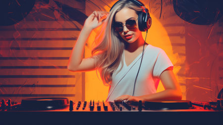 dj woman having fun playing music at club party. Generative AI image AIG30.の素材