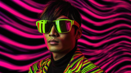Young male model wearing VR posing with trendy fashion outfit and colorful vibrant glowing pink lime green optical art abstract background. Picturesque generative AIの素材