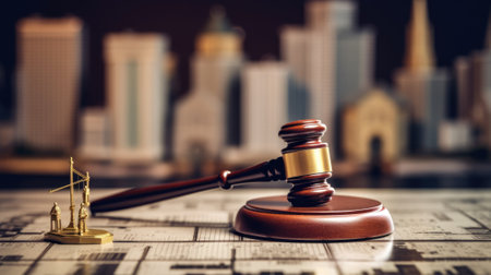 A gavel on a table with dense city architectural model in blur background. beautiful Generative AI AIG32の素材