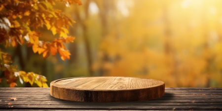 The empty rustic wooden table for product display with blur background of autumn forest. Exuberant image.の写真素材