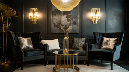 Bedroom decor, home interior design . Art Deco Glamorous style with Chandelier decorated with Brass and Marble material . Generative AI AIG26.の素材