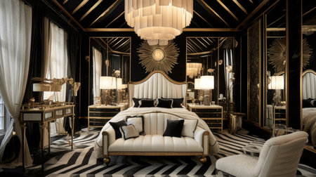 Bedroom decor, home interior design . Art Deco Glamorous style with Mirrored Wall decorated with Velvet and Gold material . Generative AI AIG26.の素材