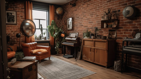 Living room decor, home interior design . Industrial Bohemian style with Exposed brick wall decorated with Leather and Wood material . Generative AI AIG26.の素材