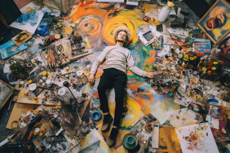 A top view of an overworked young Scandinavian male artist lying on the floor that is full of artwork equipments in an art studio. Generative AI image AIG30.の素材