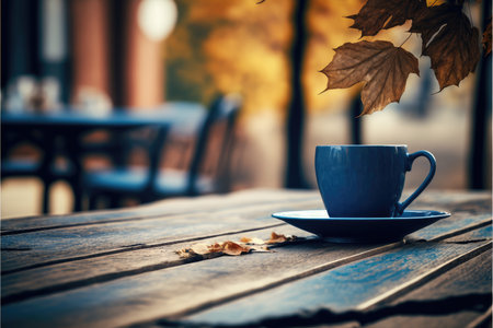 Focus blue color of coffee cup on wooden table with blurred autumn background. Concept of blank space for advertising product. Finest generative AI.の素材