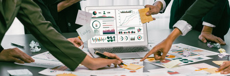 Analyst team use sticky note for creative and analytic brainstorm for business idea with BI data...