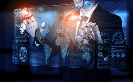 3D rendering artificial intelligence AI research of robot and cyborg development for future of people living. Digital data mining and machine learning technology design for computer brain.の写真素材