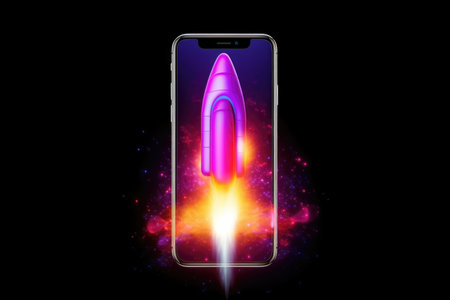 Rocket coming out of smartphone screen , neon light. beautiful Generative AI AIG32の素材