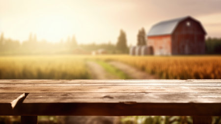 The empty wooden brown table top with blur background of farm and barn. Exuberant image.の写真素材
