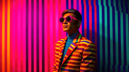 Young male model posing with trendy man fashion outfit and colorful vibrant glowing green and pink optical art abstract background. Picturesque generative AIの素材