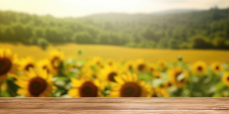 The empty wooden table top with blur background of sunflower field. Exuberant image.の写真素材