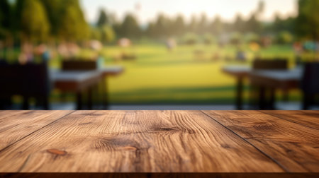 The empty wooden brown table top with blur background of country club. Exuberant image.の写真素材