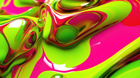 The close up of a glossy liquid surface in bright lime green and hot pink colors with a soft focus. 3D illustration of exuberant.の写真素材