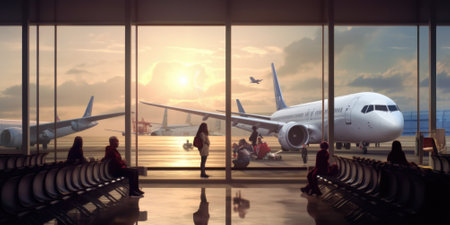 Airport interior with window sunset and airplane in background. Picturesque generative AIの素材