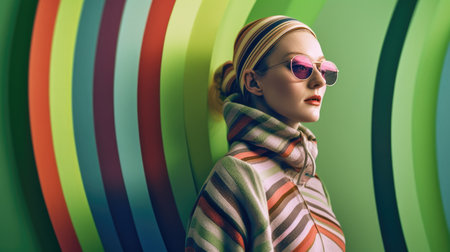 Young female model posing with trendy fashion outfit and colorful green optical art abstract background. Picturesque generative AIの素材
