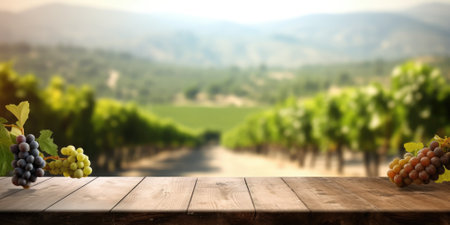 The empty wooden table top with blur background of vineyard. Exuberant image.の写真素材