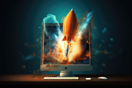 Rocket coming out of desktop computer screen. beautiful Generative AI AIG32の素材