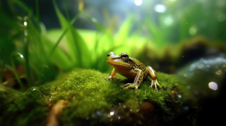 photo of a frog, macro photography , stream of fresh water, young green plant, outdoor springtime. beautiful Generative AI AIG32の素材