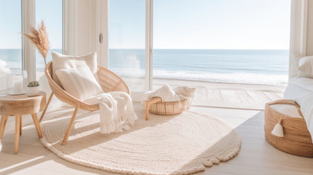 Bedroom decor, home interior design . Coastal Scandinavian style with Ocean View decorated with Natural Wood and White Painted Wood material . Generative AI AIG26.の素材