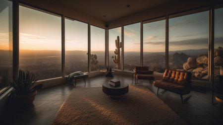 Living room decor, home interior design . Minimalism Mountain peak style with Golden hour decorated with Rocky and Clear blue material . Generative AI AIG26.の素材