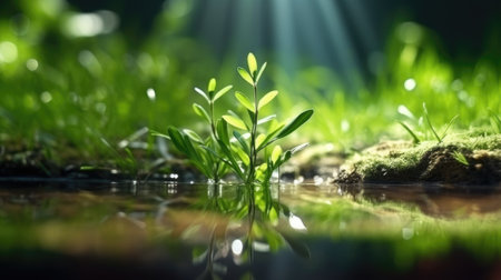 half underwater, macro photography, stream of fresh water, young green plant, outdoor springtime. beautiful Generative AI AIG32の素材