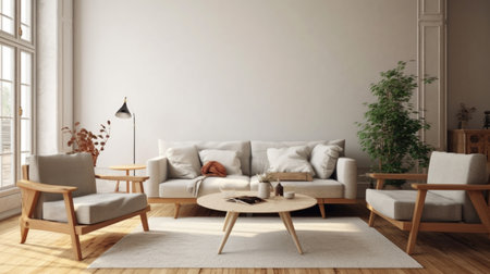 The minimal interior design of a white and brown living room with a carpet on the wooden floor. Generative AI AIG27.の素材