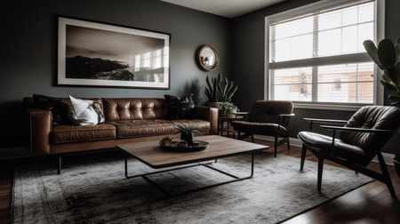 Living room decor, home interior design . Modern Mid-Century style with Artwork decorated with Leather and Wood material . Generative AI AIG26.の素材