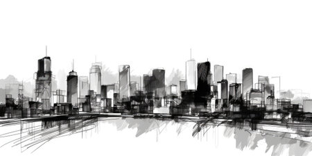 one continuous line drawing black and white sketch loose strokes splotchy freehand city skyline. beautiful Generative AI AIG32の素材