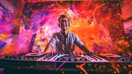 candid an excited DJ young scandinavian man mixing music at turntables with headphones. beautiful Generative AI AIG32の素材