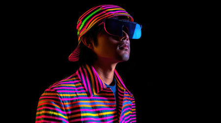Young male model wearing VR posing with trendy fashion outfit and colorful vibrant glowing pink lime green optical art abstract background. Picturesque generative AIの素材