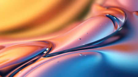 The close up of a glossy liquid surface abstract in green, blush pink, buttercup yellow, and navy blue colors with a soft focus. 3D illustration of exuberant.の写真素材