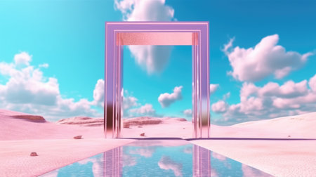 3d rendered Abstract aesthetic background. Surreal fantasy landscape. Water, pink desert, neon square shape chrome metallic gate under the blue sky with white clouds. Virtual reality wallpaperの素材