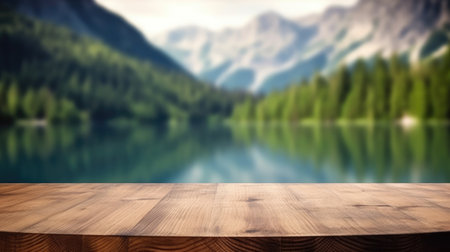 The empty wooden table top with blur background of summer lakes mountain. Exuberant image.の写真素材