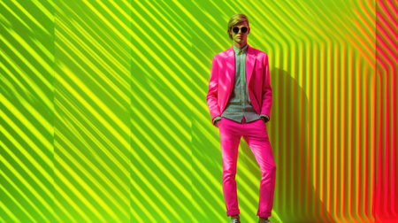 Young male model posing with trendy man fashion outfit and colorful vibrant glowing green and pink optical art abstract background. Picturesque generative AIの素材