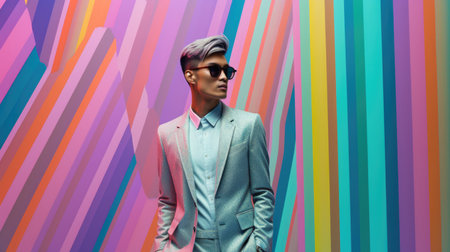 Young male model posing with trendy man fashion outfit and colorful pastel mood optical art abstract background. Picturesque generative AIの素材