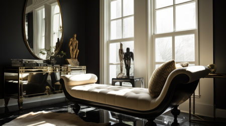 Living room decor, home interior design . Art Deco Contemporary style with Large Window decorated with Velvet and Marble material . Generative AI AIG26.の素材