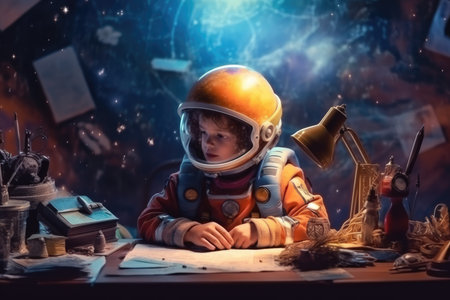 kid in spacesuit helmet sitting at study desk, studying astrology, above clouds. beautiful Generative AI AIG32の素材