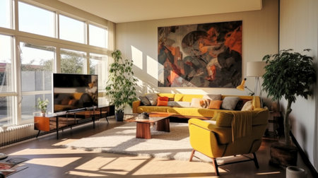 A stylish modern living room interior design with vivid and warm tone colors in the apartment. Generative AI AIG27.の素材