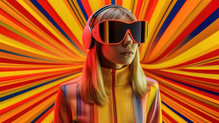 Young female model wearing VR posing with trendy fashion outfit and colorful orange optical art abstract background. Picturesque generative AIの素材