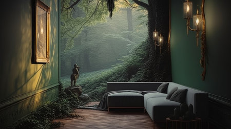 Interior design of a dark green living room with a mysterious nature style. Generative AI AIG27.の素材
