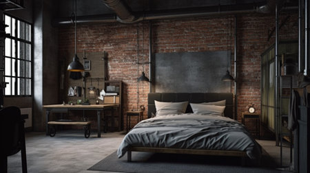 Bedroom decor, home interior design . Industrial Rustic style with Exposed Brick Wall decorated with Metal and Wood material . Generative AI AIG26.の素材