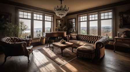 Living room decor, home interior design . Traditional Rustic style with Window with view decorated with Velvet and Wood material . Generative AI AIG26.の素材