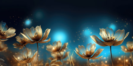 Beautiful abstract gold and blue night photo floral design background banner. beautiful Generative AI AIG32の素材