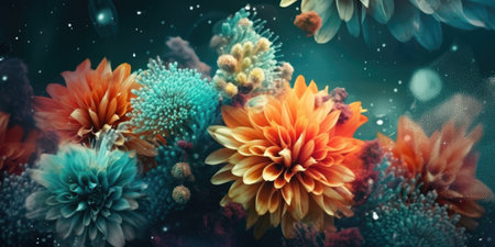 Beautiful abstract coral, turquoise, and yellow night photo floral design background banner. beautiful Generative AI AIG32の素材